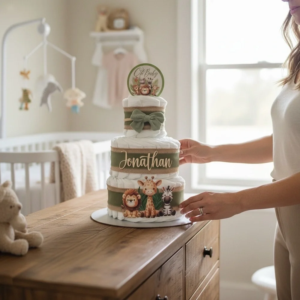 🦁 Personalized Safari Diaper Cake - 3 Tier | Baby Shower Centerpiece 🎁
